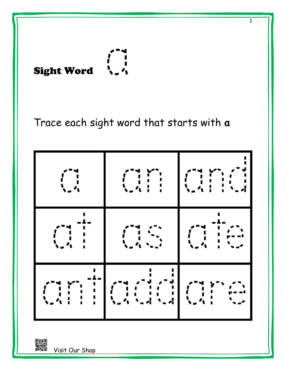 Sight word a: students trace nine dotted words that start with a, including an, and, at, as, ate, ant, add and are