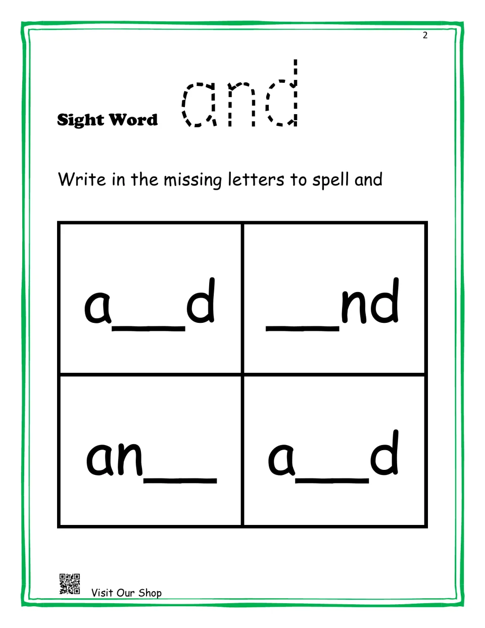 Sight word and: students write the missing letters in four partial spellings such as a__d, __nd and an__ to spell and
