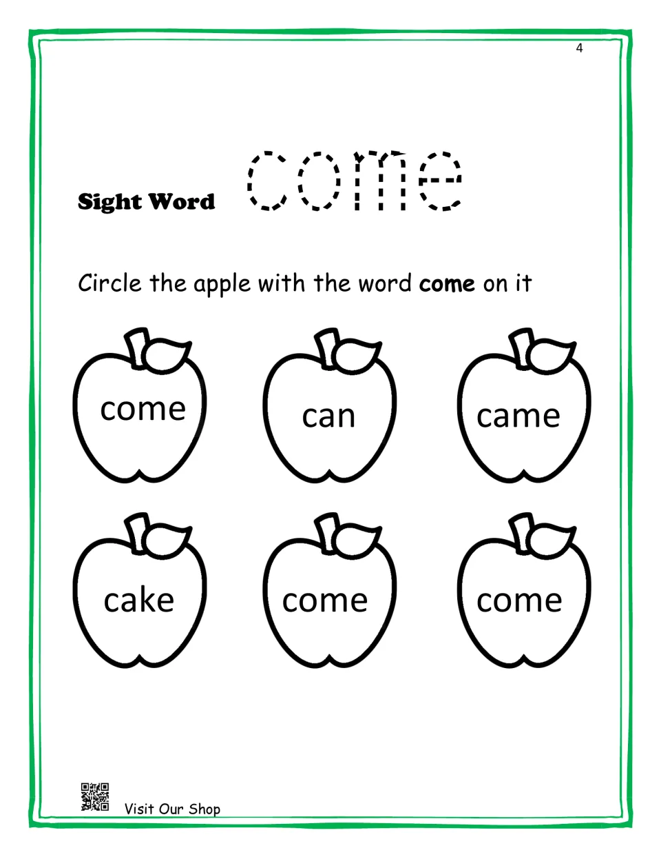 Sight word come: students circle the apples labeled come among six apples with look-alike words like can, came and cake