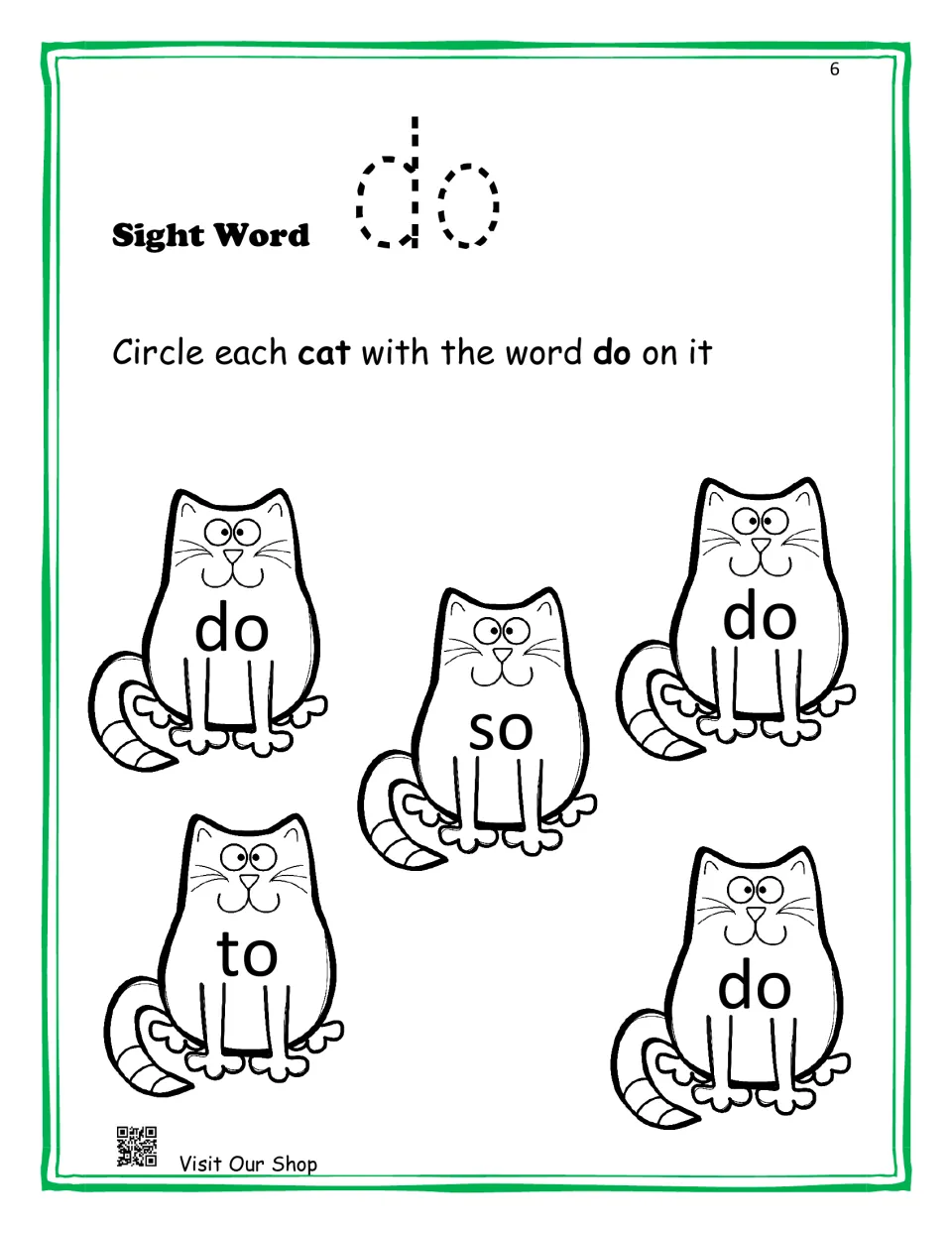 Sight word do: students circle each cartoon cat labeled do while skipping the cats labeled so and to