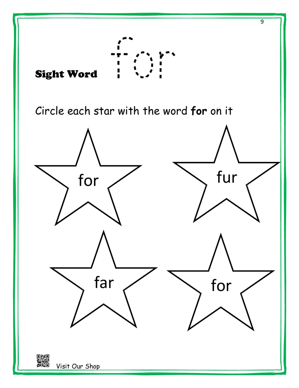 Sight word for: students circle each star showing for, telling it apart from the similar words fur and far