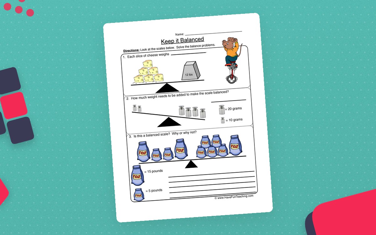 Keep it Balanced Scale Worksheet preview: Two illustrated balance-scale problems