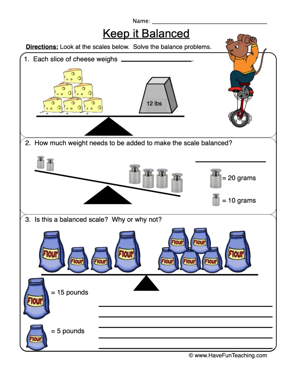 Balance scale problems: students find each cheese slice's weight, add grams to balance, and explain a flour-bag scale