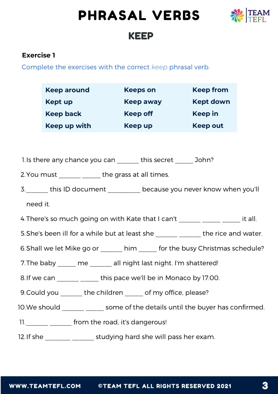 Exercise 1 gap fill: students complete 12 sentences using keep phrasal verbs from a word bank, such as kept up and keep out