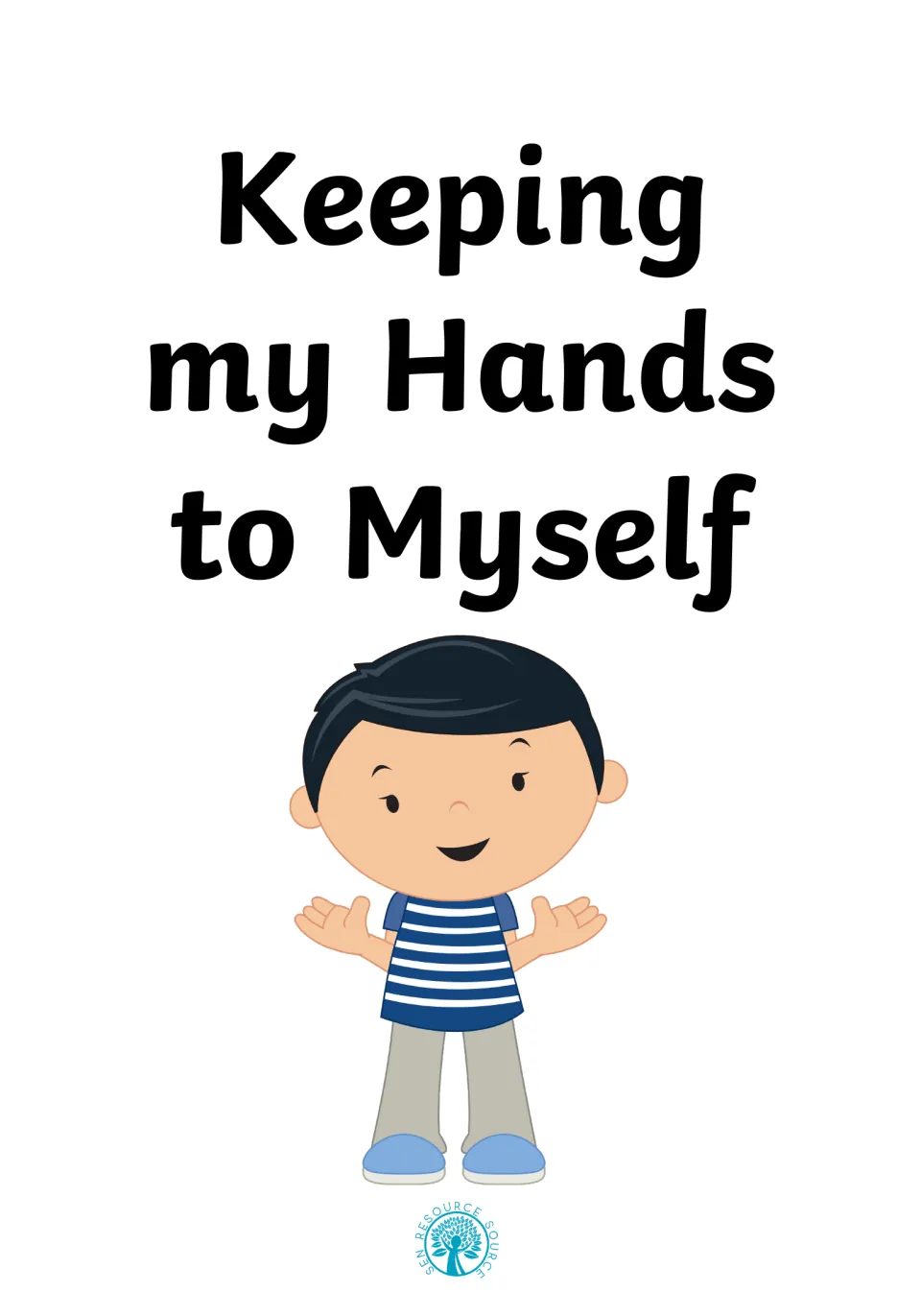 Keeping my Hands to Myself social story cover showing a smiling boy in a striped shirt with open palms raised