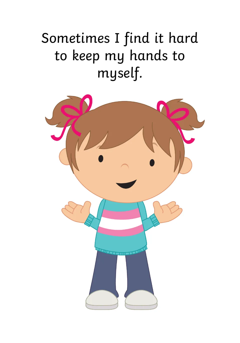 Naming the challenge: a girl with pink hair ribbons shrugs beside text admitting it is hard to keep hands to herself