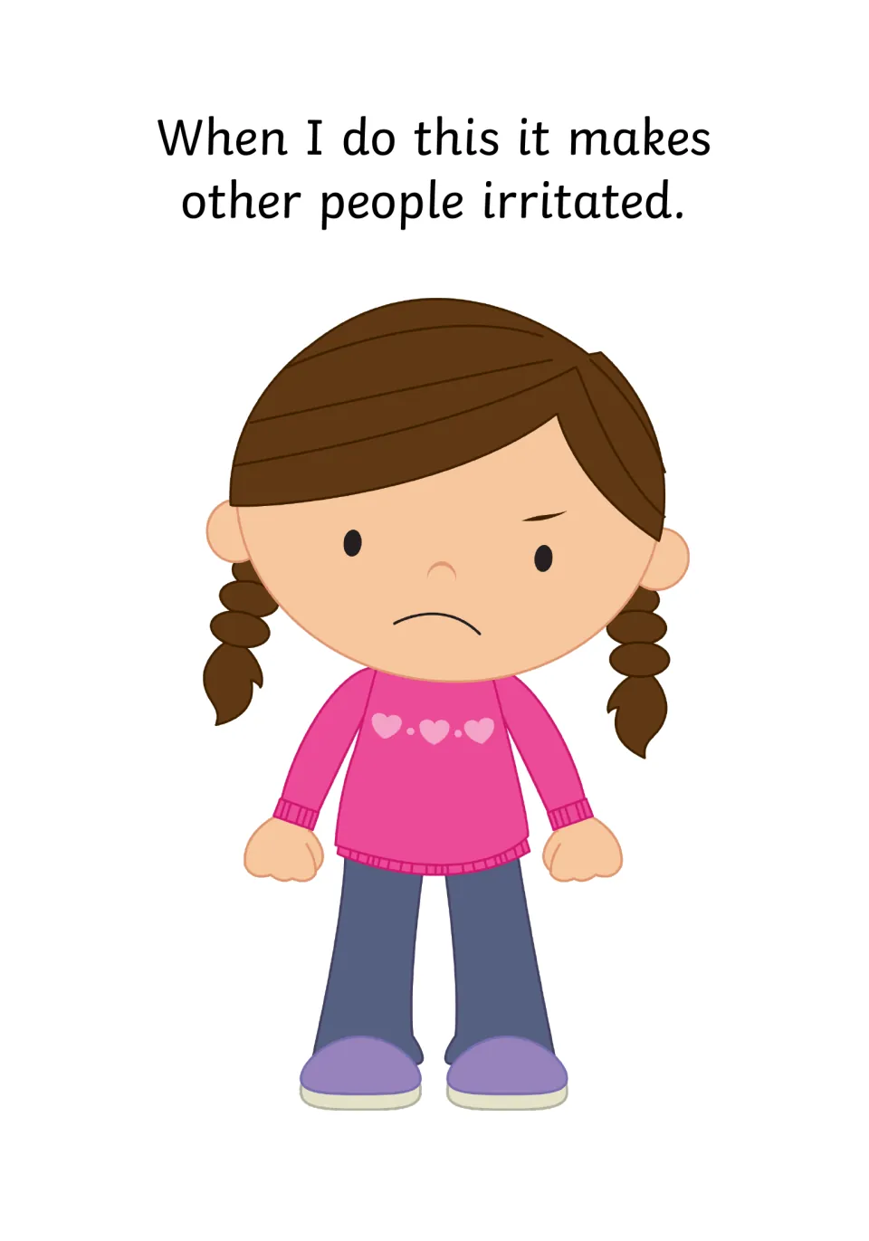 How touching affects others: a frowning girl with braids and clenched fists shows that it makes people irritated