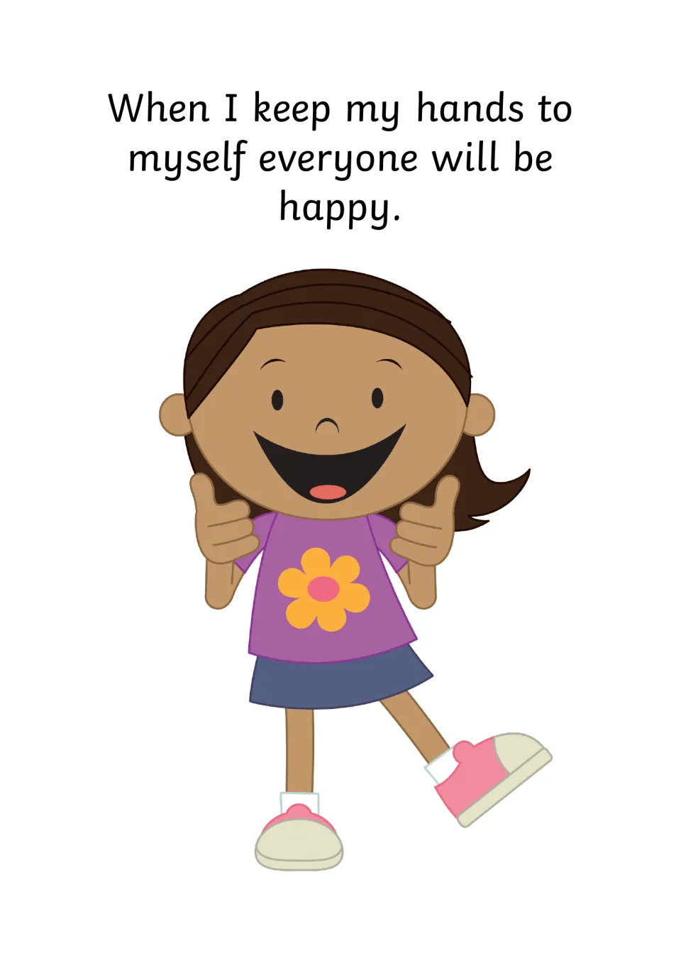 Positive outcome: a beaming girl in a flower shirt gives two thumbs up as text says everyone will be happy