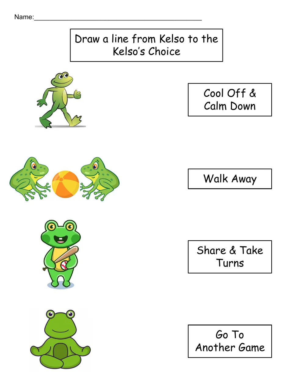 Matching Kelso's Choices: students draw lines from 4 frog pictures to Cool Off, Walk Away, Share & Take Turns, Another Game
