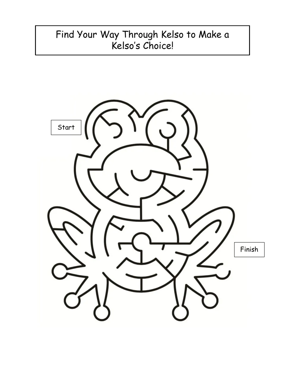 Frog-shaped maze in black outline: students trace a path from Start to Finish through Kelso to make a Kelso's Choice