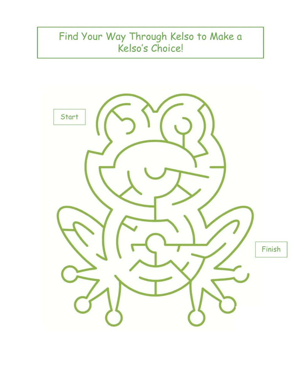 Green-line version of the Kelso frog maze: students find the path from Start to Finish to reach a Kelso's Choice