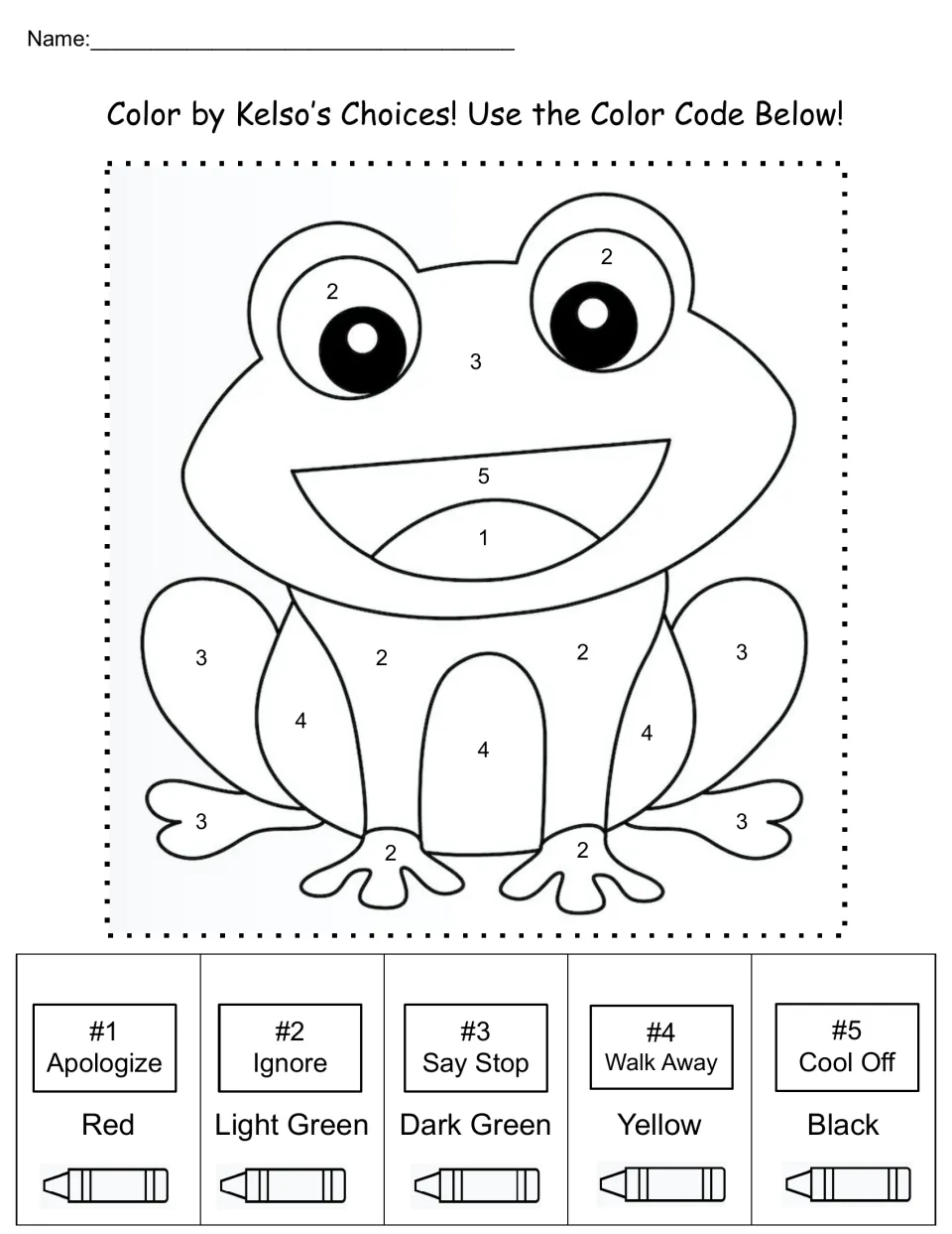 Color by Kelso's Choices: students color a numbered frog using a code of 5 choices, from Apologize (red) to Cool Off (black)