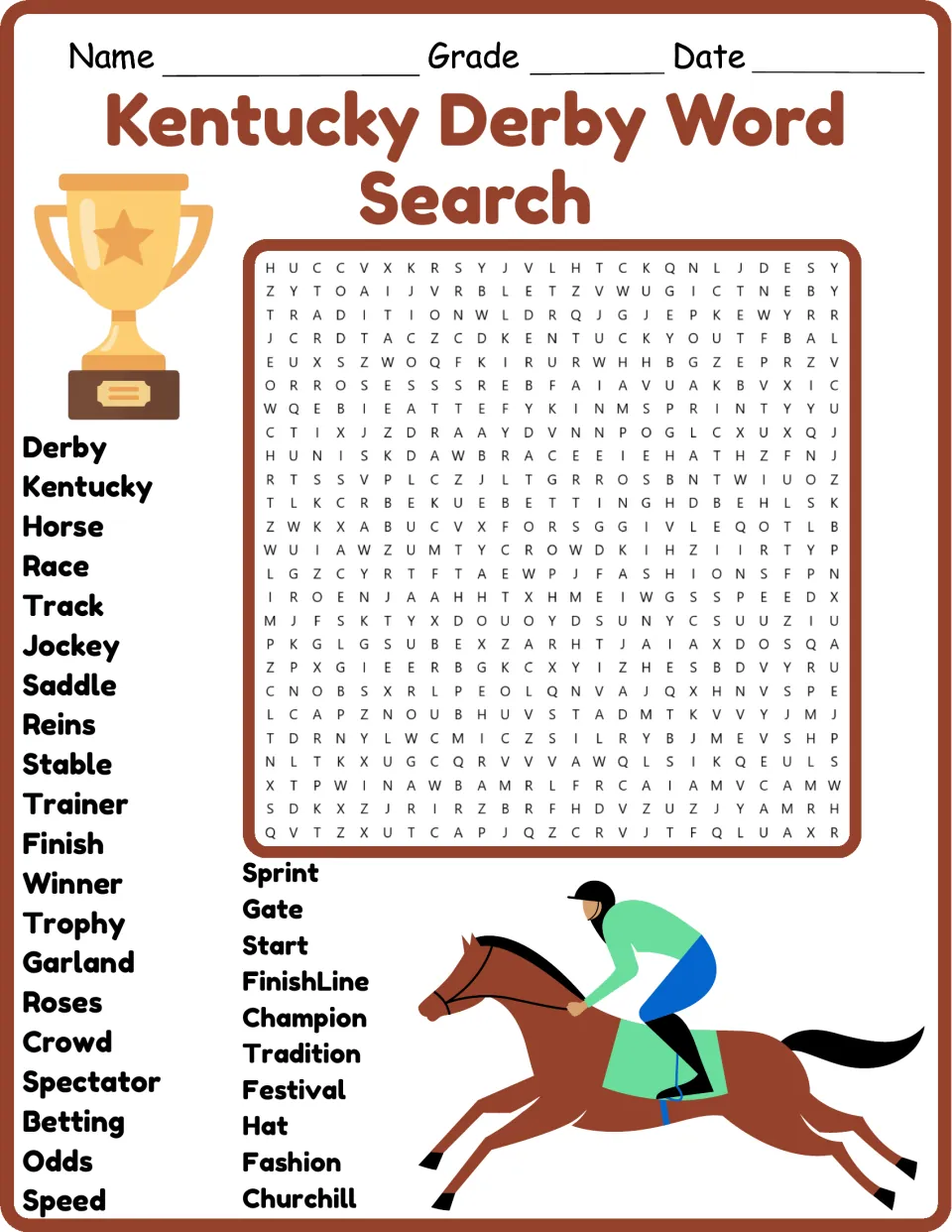 Kentucky Derby word search in color: students find 30 race words such as jockey, saddle, garland and Churchill