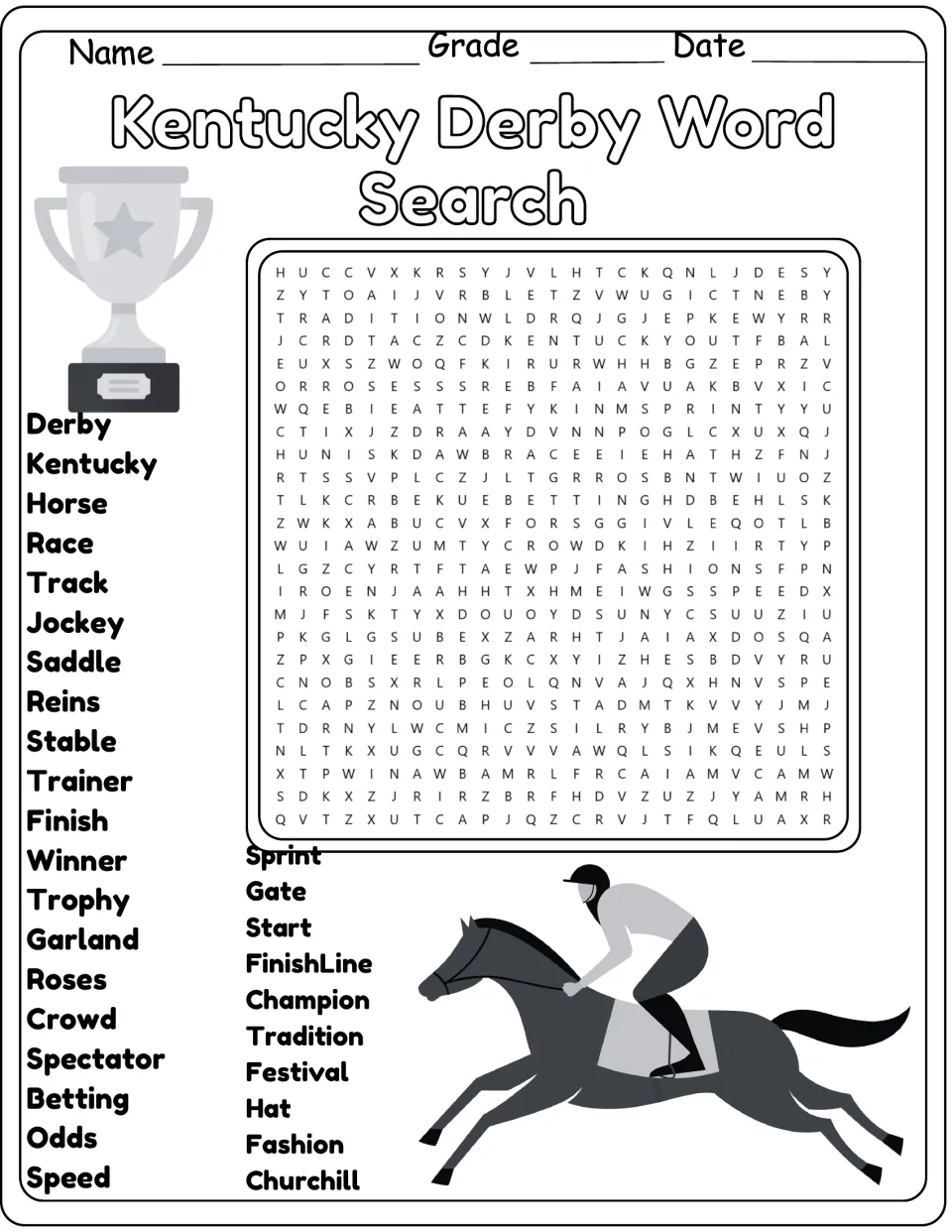 Black-and-white Derby word hunt: students locate the same 30 words, from horse and trophy to roses and festival