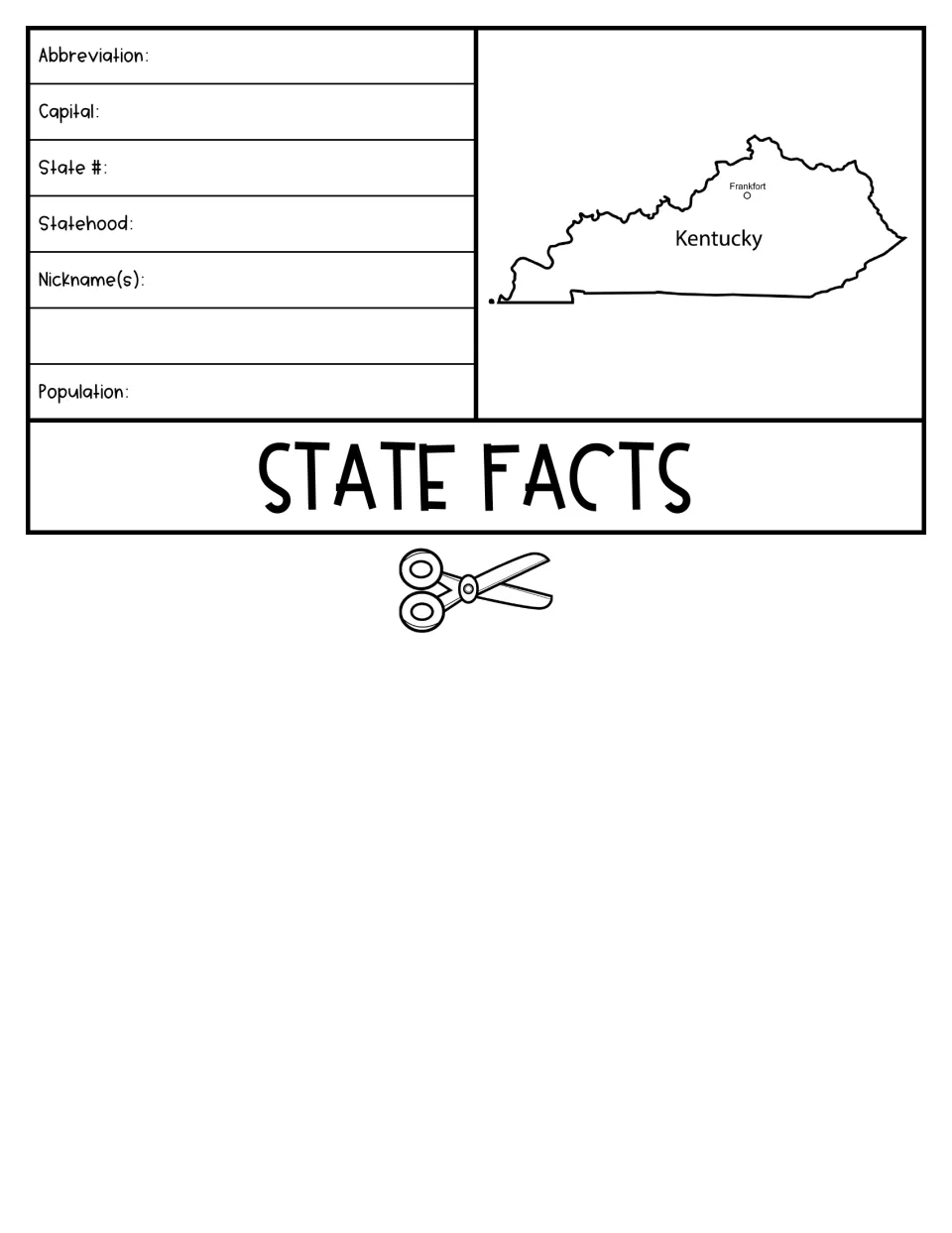 State Facts flipbook sheet asks for Kentucky's abbreviation, capital, statehood, nickname, and population