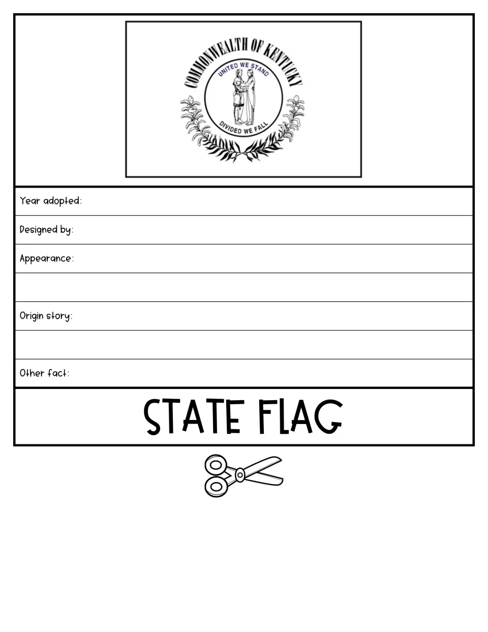 State Flag flipbook sheet shows Kentucky's flag and asks about its adoption, designer, and origin story