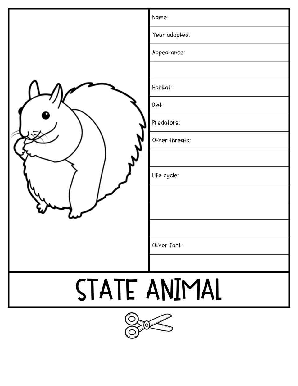 State Animal flipbook sheet pairs a squirrel illustration with prompts for habitat, diet, and life cycle