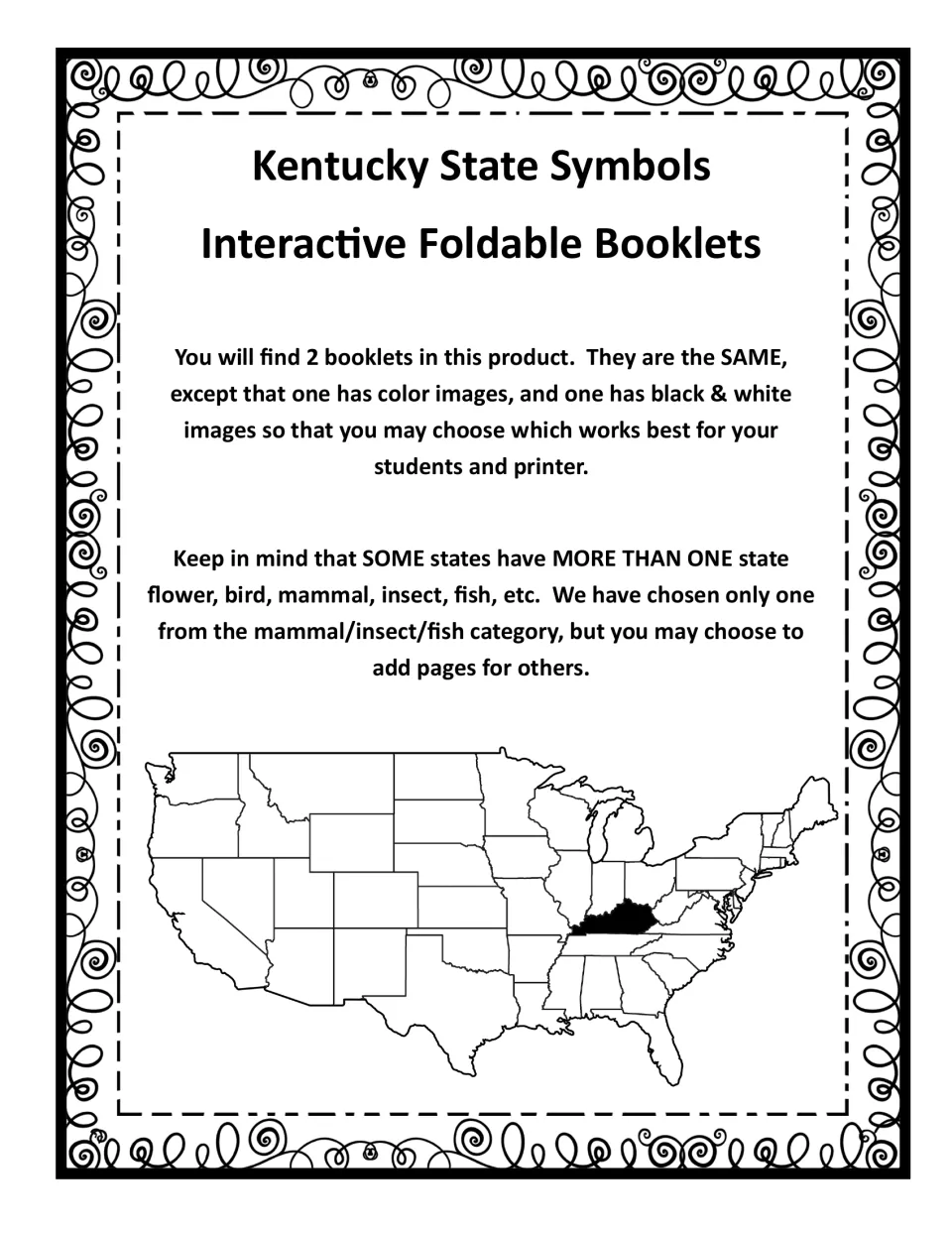Intro note: two identical booklets, one in color and one in black and white, with Kentucky shaded on a U.S. map