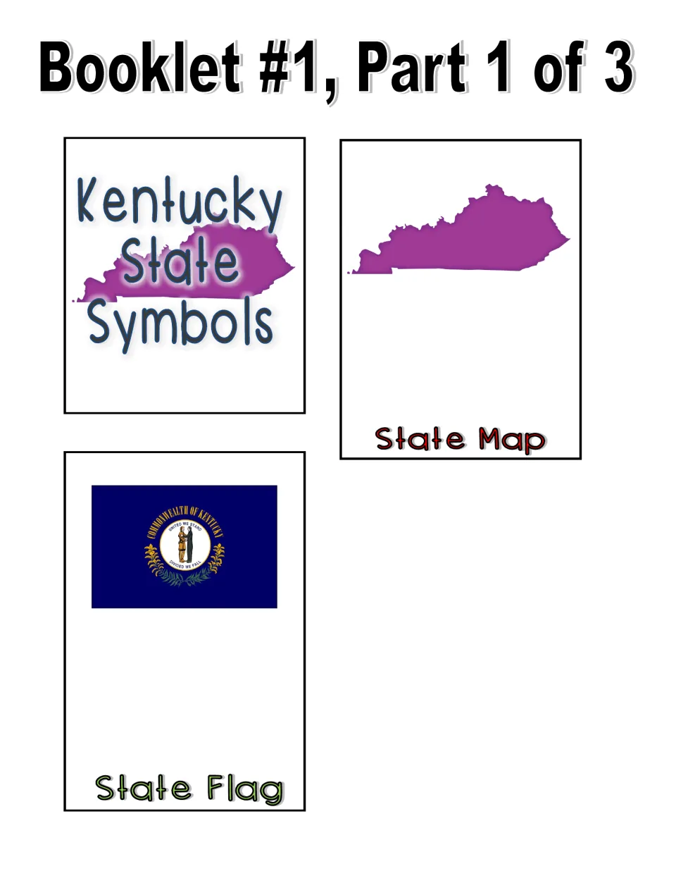 Color booklet part 1: cut-out title flap, a purple Kentucky outline for a state map page and the state flag page