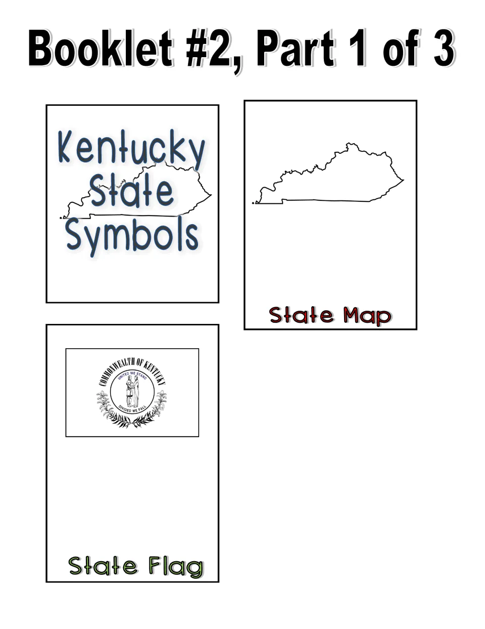 Black and white booklet part 1: title flap, outline state map page to mark cities and a line-art state flag page