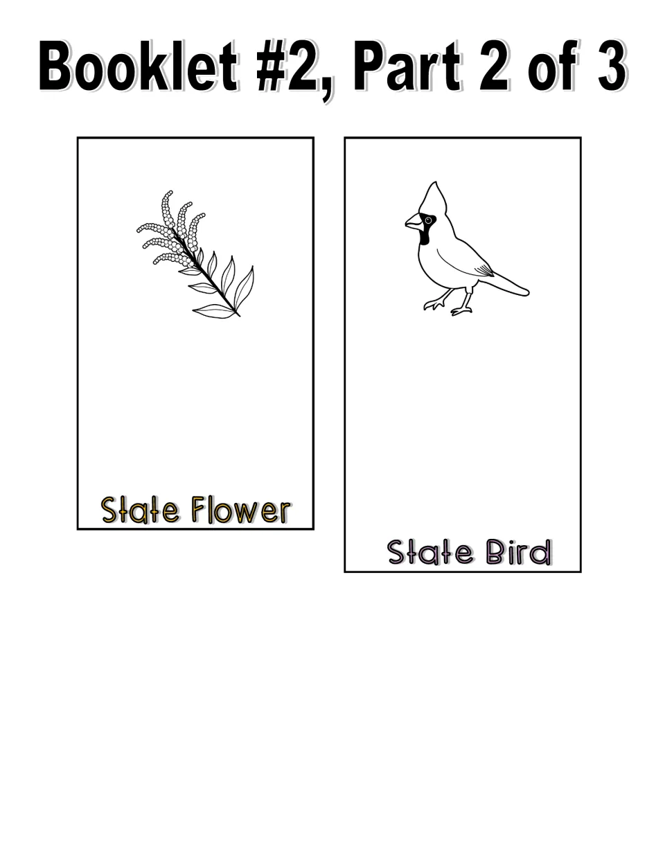 Black and white booklet part 2: line-art flower sprig and cardinal on the state flower and state bird pages