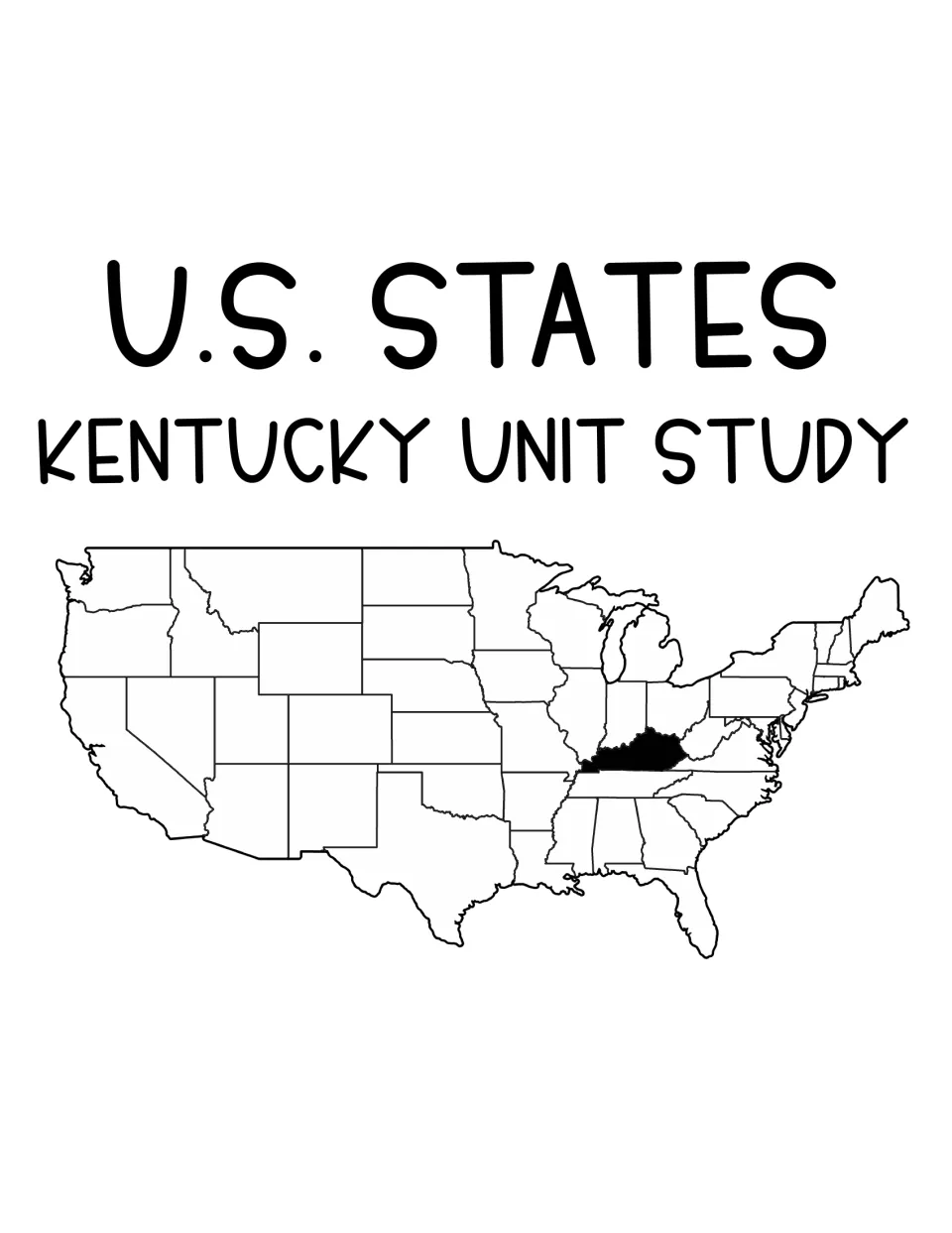 U.S. States Kentucky Unit Study cover with a United States map that has Kentucky shaded black to show its location