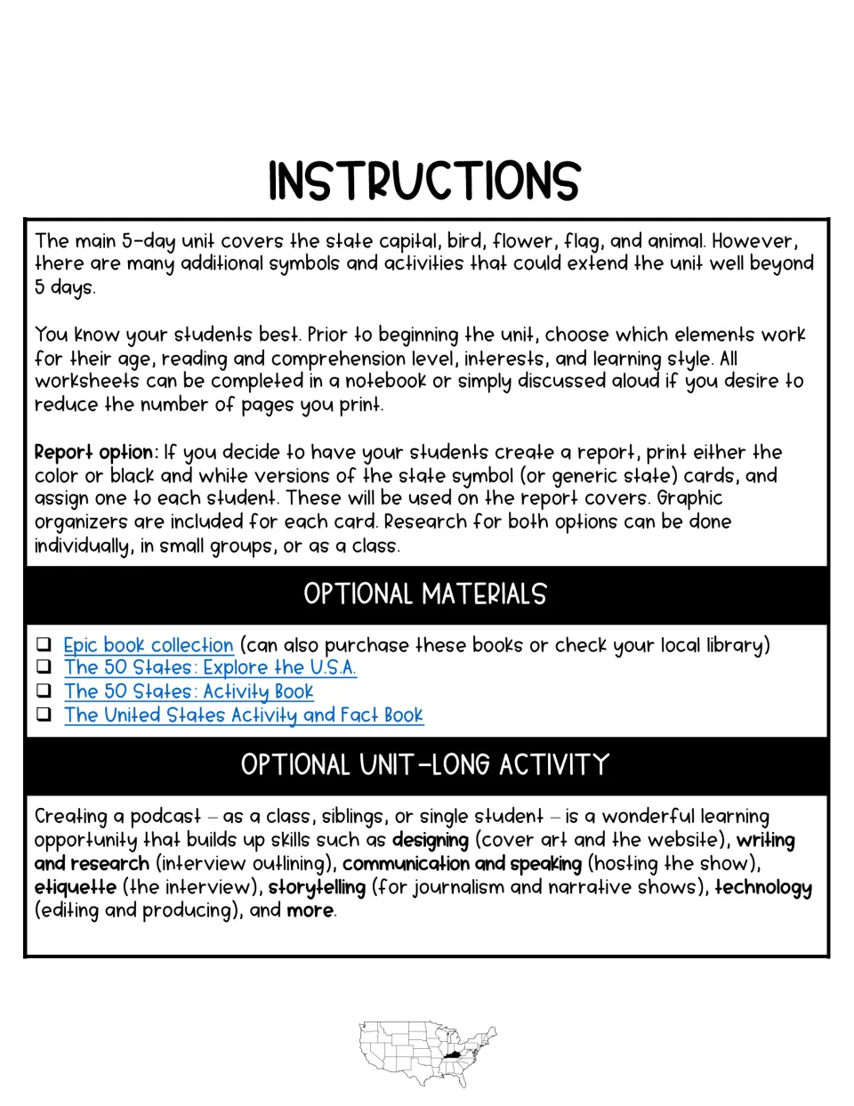 Unit instructions: choosing elements, a report option, optional book list and a unit-long podcast activity idea