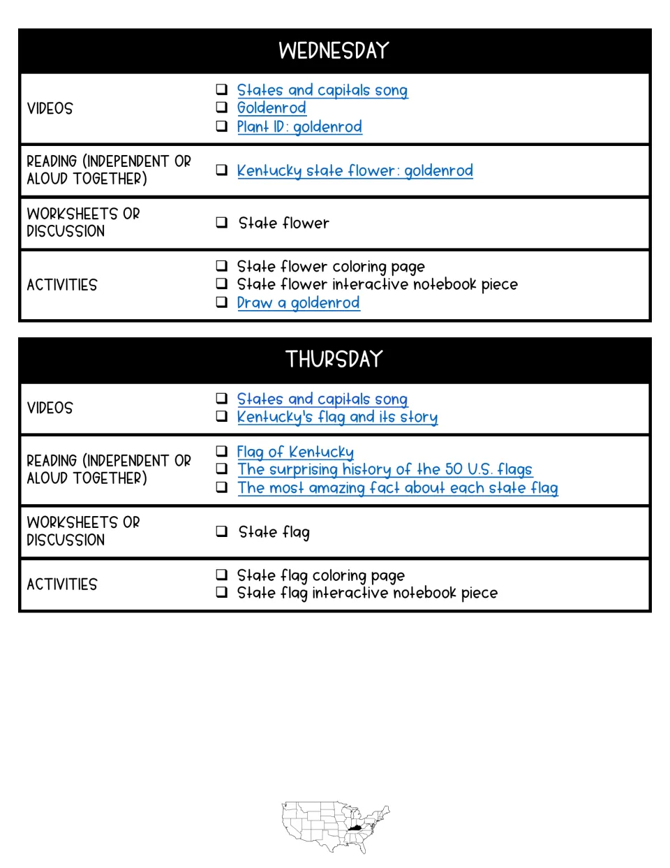 Wednesday and Thursday plans: goldenrod state flower videos and drawing, then Kentucky flag history readings