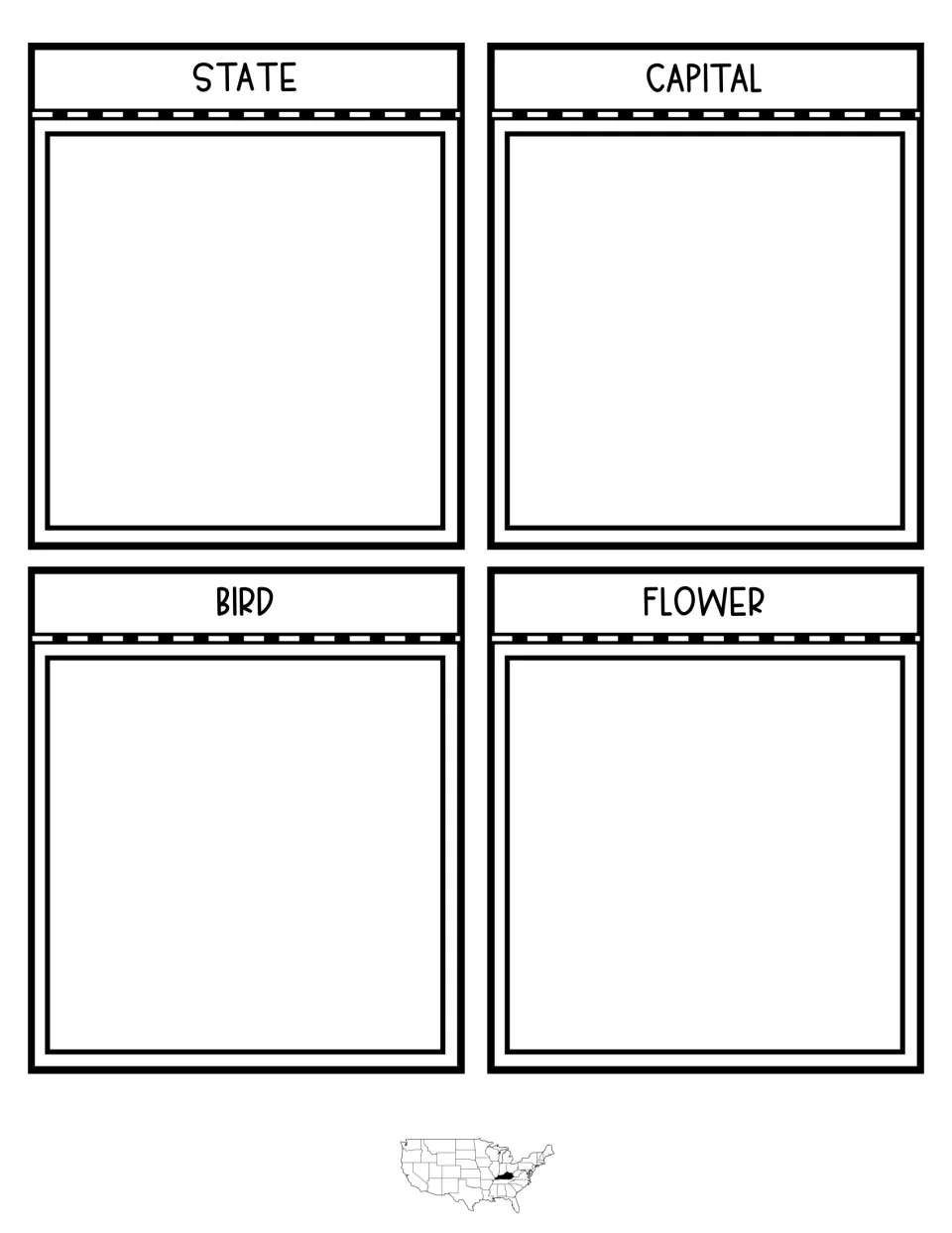 Notebook flaps labeled State, Capital, Bird and Flower, each with a fold tab and blank space for drawing or writing facts