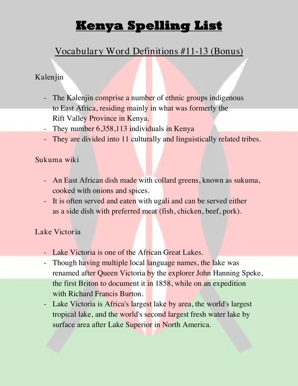 Bonus word definitions: Kalenjin ethnic groups, sukuma wiki greens dish, and Lake Victoria facts such as its 1858 naming