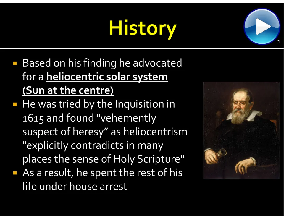 History slide covers Galileo’s support for a Sun-centered system, the Inquisition, and his house arrest