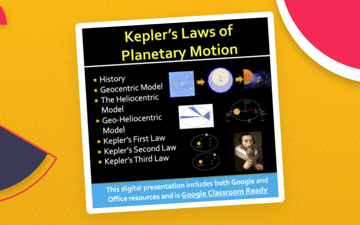 Kepler's Laws of Planetary Motion presentation cover with orbit diagrams.
