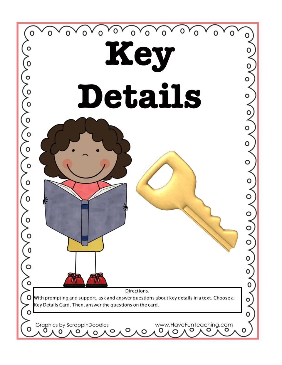 Cover showing a girl reading beside a gold key, with directions to pick a card and answer questions about key details