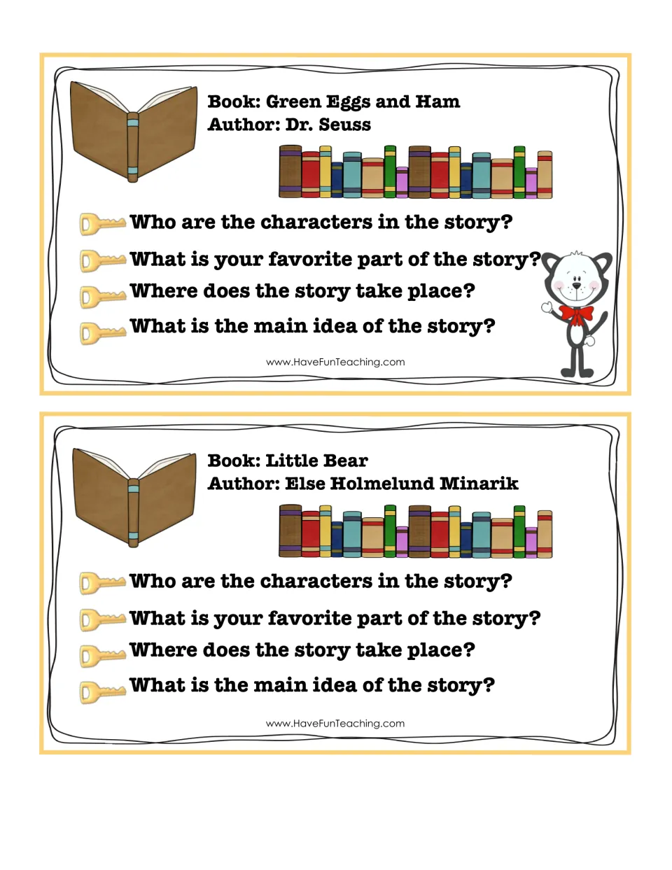 Question cards for Green Eggs and Ham and Little Bear: students name characters, setting, favorite part and main idea