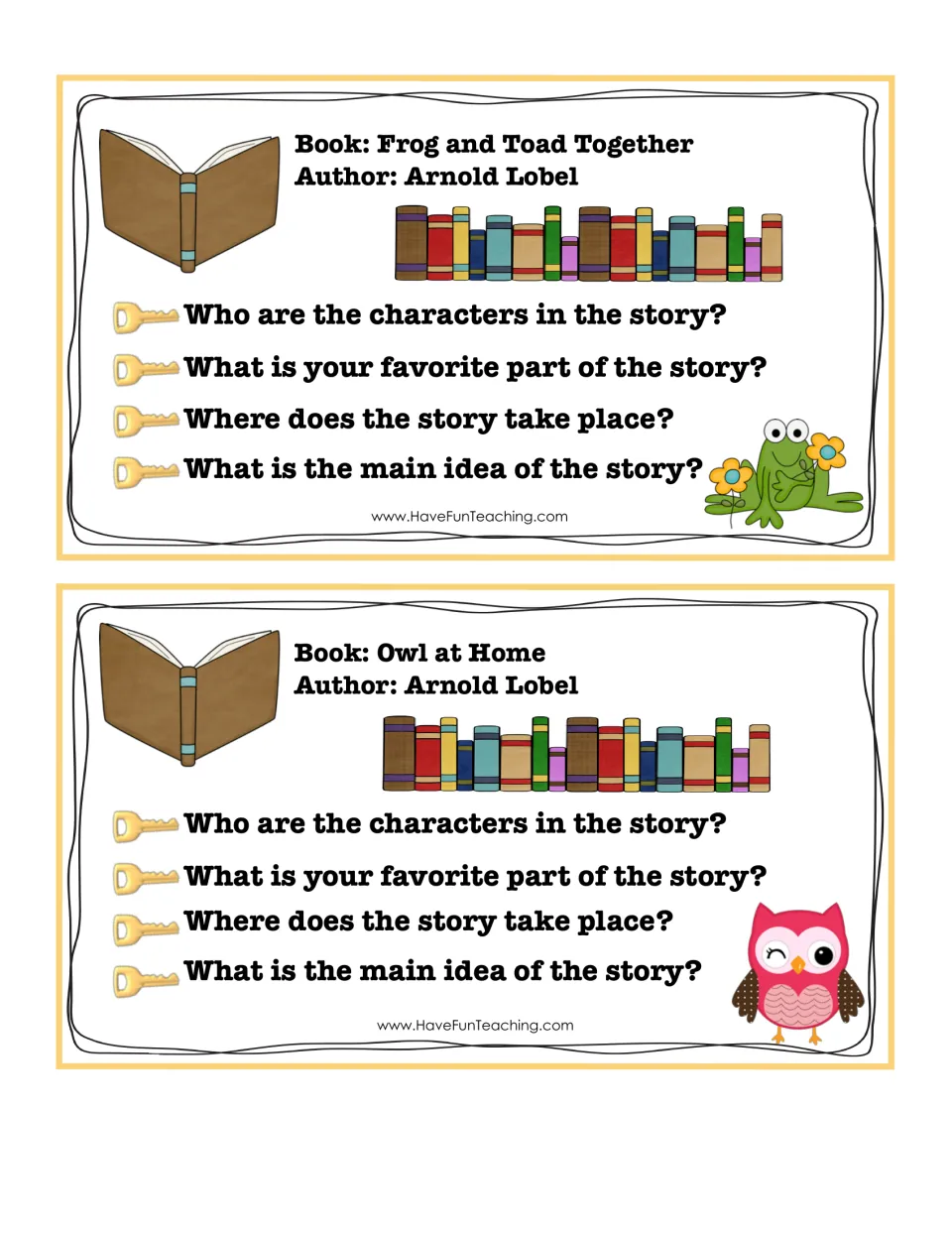 Arnold Lobel cards for Frog and Toad Together and Owl at Home: students recall characters, setting and main idea