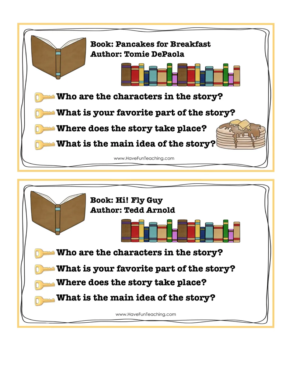 Pancakes for Breakfast and Hi! Fly Guy cards: students discuss story characters, setting, main idea and a favorite part