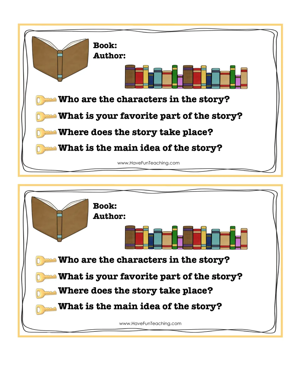 Blank Book and Author question cards: students write in any title, then answer the same four key-detail story questions