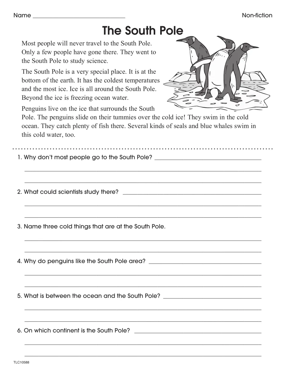 The South Pole: students read a nonfiction passage on ice, penguins and seals, then answer six key-detail questions
