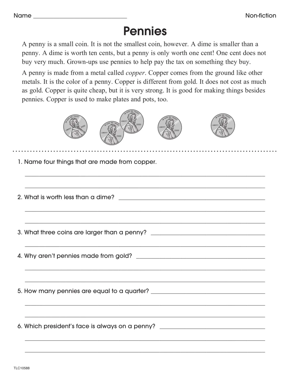 Pennies: students read about copper and coin values, then answer six questions, including whose face is on a penny