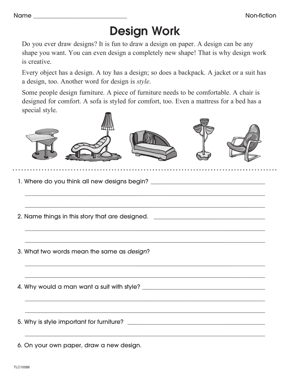 Design Work: students read about style in toys, clothes and furniture, answer five questions and draw a new design