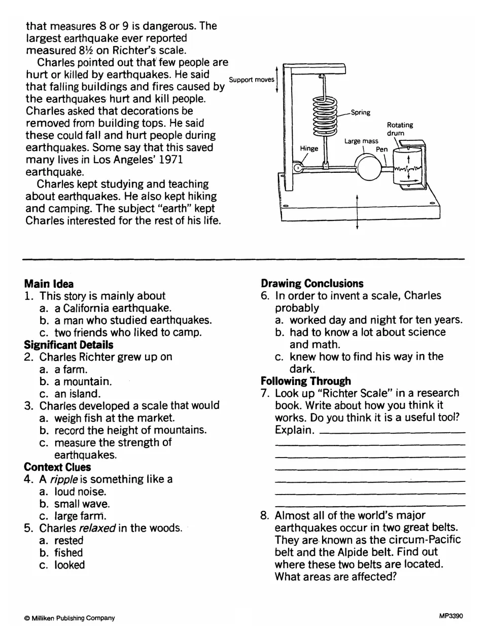 Charles Richter biography conclusion with a seismograph diagram and eight comprehension and research questions
