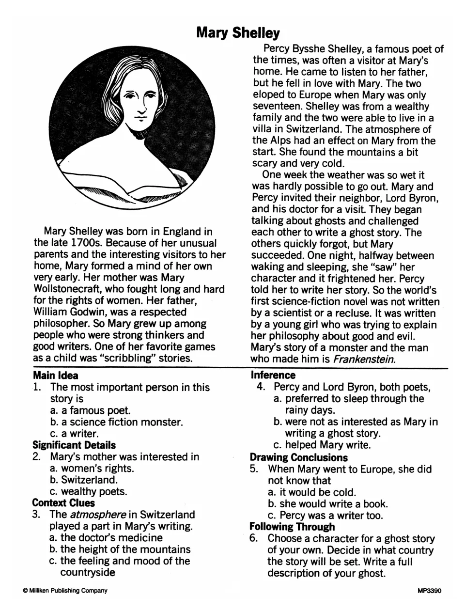Mary Shelley biography with five reading questions and a writing prompt to describe an original ghost character