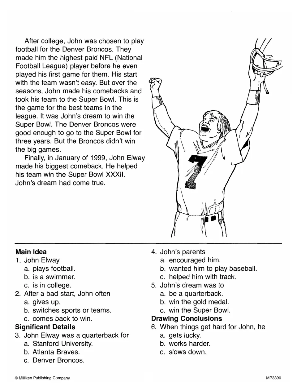 John Elway biography conclusion about the Denver Broncos and his Super Bowl dream, with six reading questions