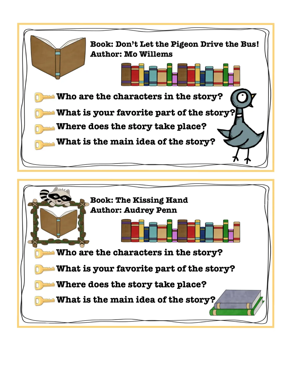 Key-details cards 1–2 for Don't Let the Pigeon Drive the Bus! and The Kissing Hand, each with four questions