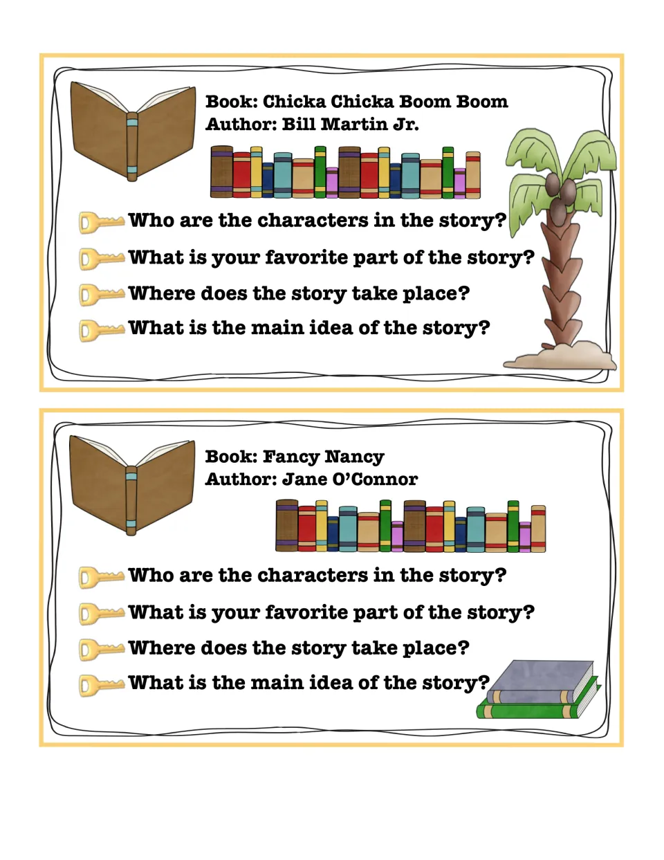 Key-details cards 3–4 for Chicka Chicka Boom Boom and Fancy Nancy ask about characters, setting, and more