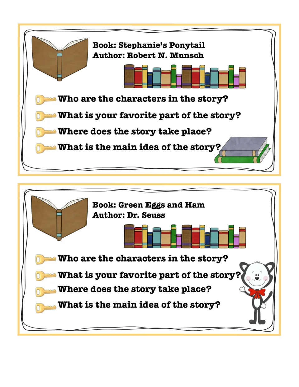 Key-details cards 7–8 for Stephanie's Ponytail and Green Eggs and Ham, each asking four story questions