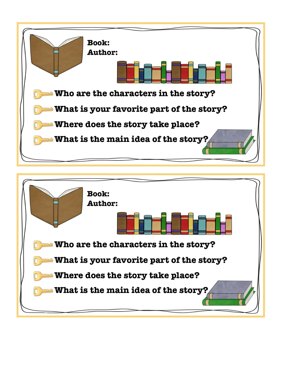 Key-details cards 9–10 have blank book and author fields plus questions on characters, setting, and more