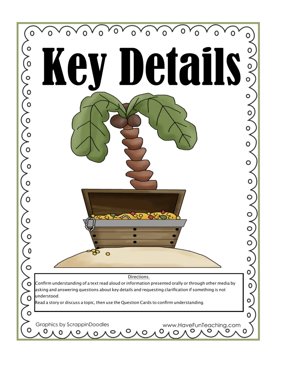 Key Details cover: pirate treasure chest and palm tree, with directions to read a story, then use Question Cards