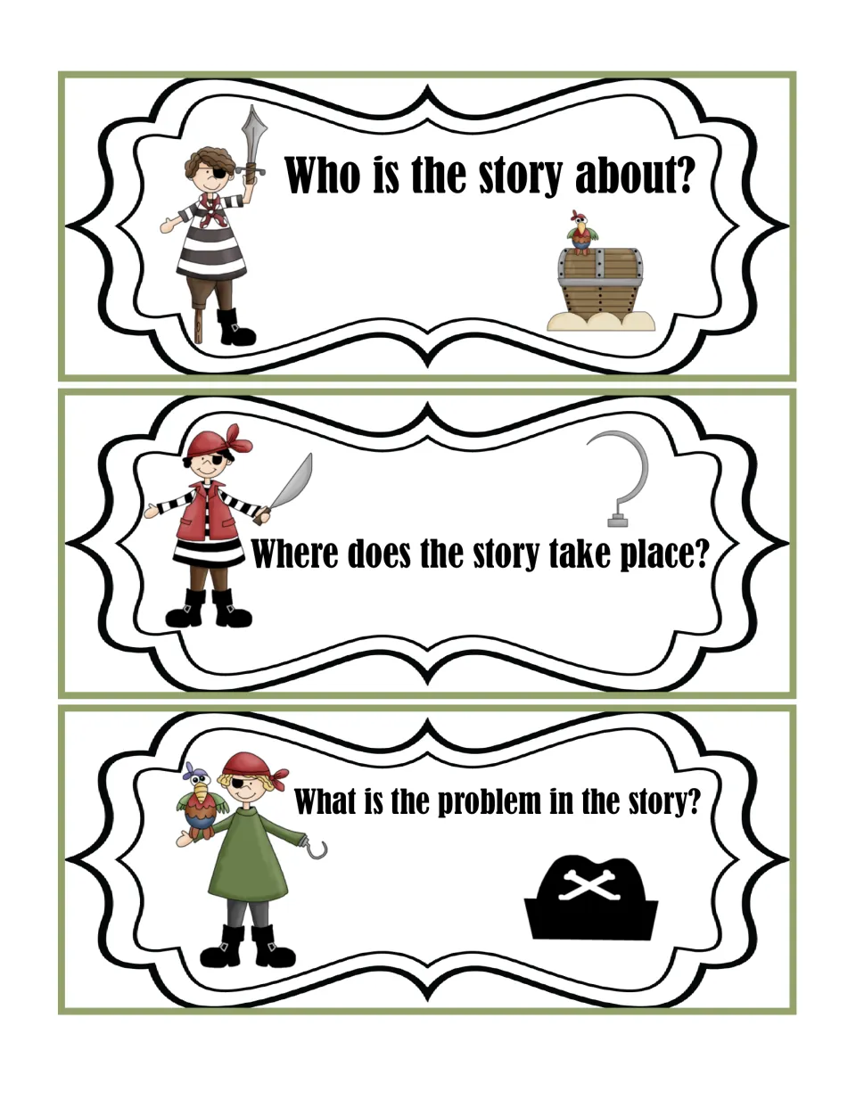 Pirate story element cards asking who the story is about, where it takes place and what the problem is