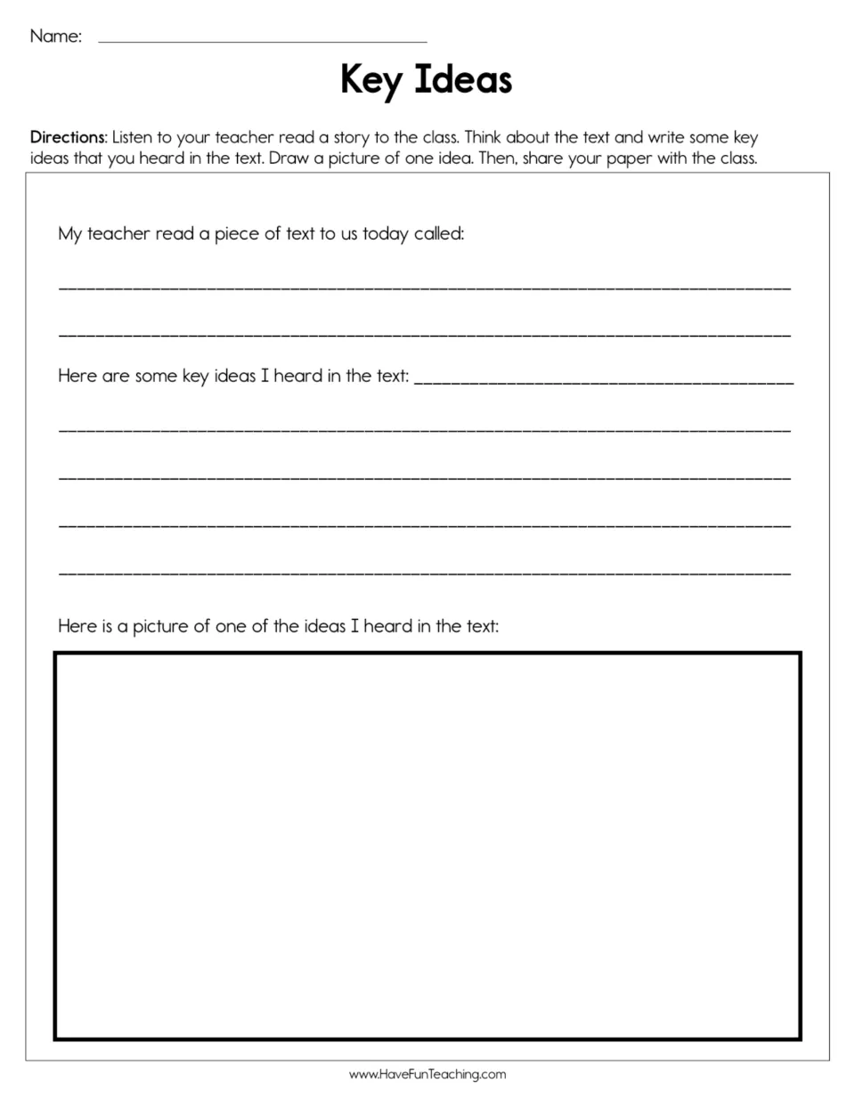 Read-aloud response worksheet: record the text's title and key ideas, then draw one idea and share.